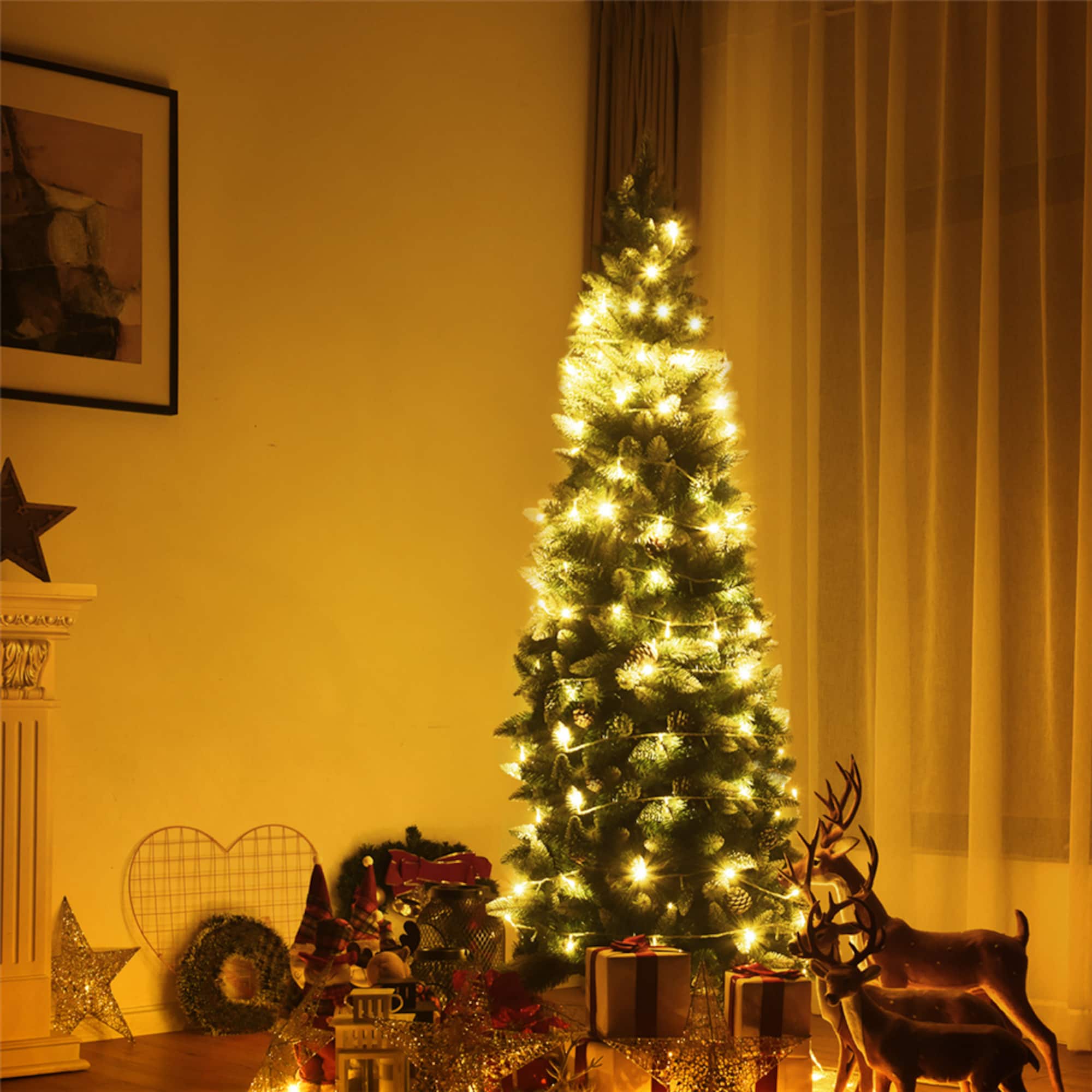 Costway 7.5ft. Snow Flocked Pencil Hinged Christmas Tree with Pinecones